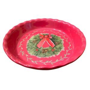 10" Nantucket Home Wreath Pie Plate Red Baking Dish Christmas